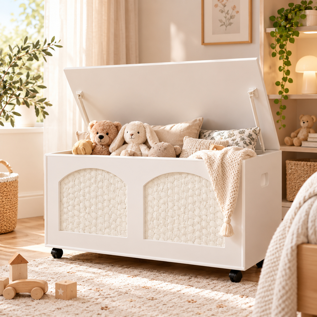 White Wooden Storage Bench with Wheels