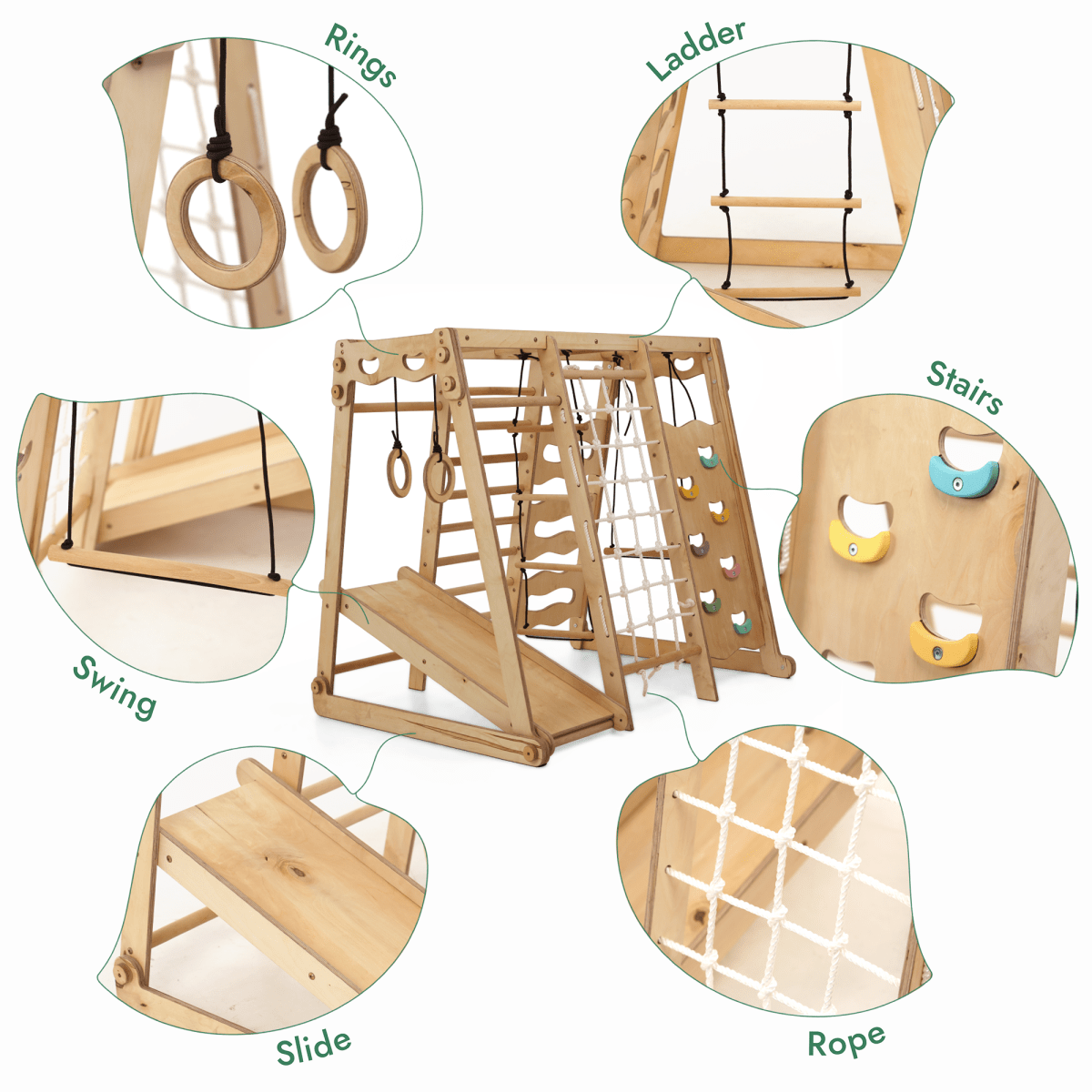 6-in-1 Indoor Wooden Climbing Gym for Kids with Swing & Slide