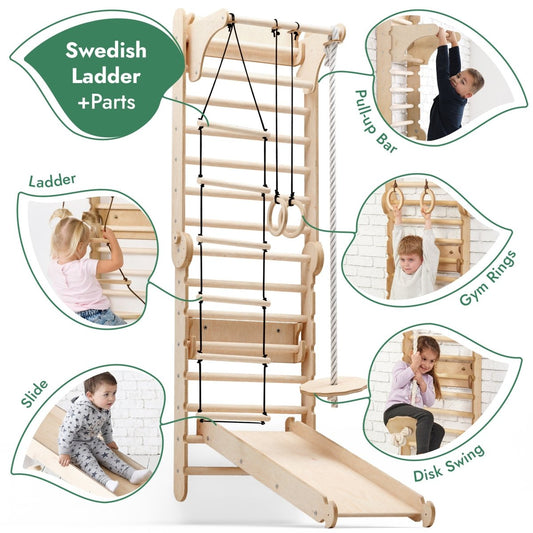 6-in-1 Wooden Swedish Wall Climbing Set with Swing and Slide