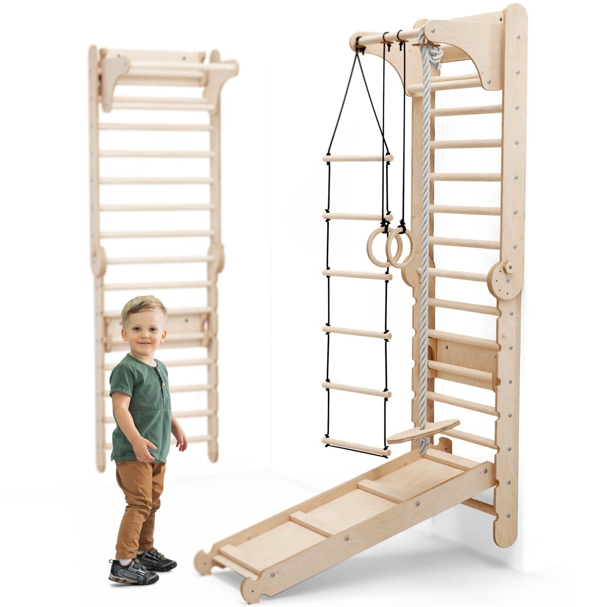 6-in-1 Wooden Swedish Wall Climbing Set with Swing and Slide