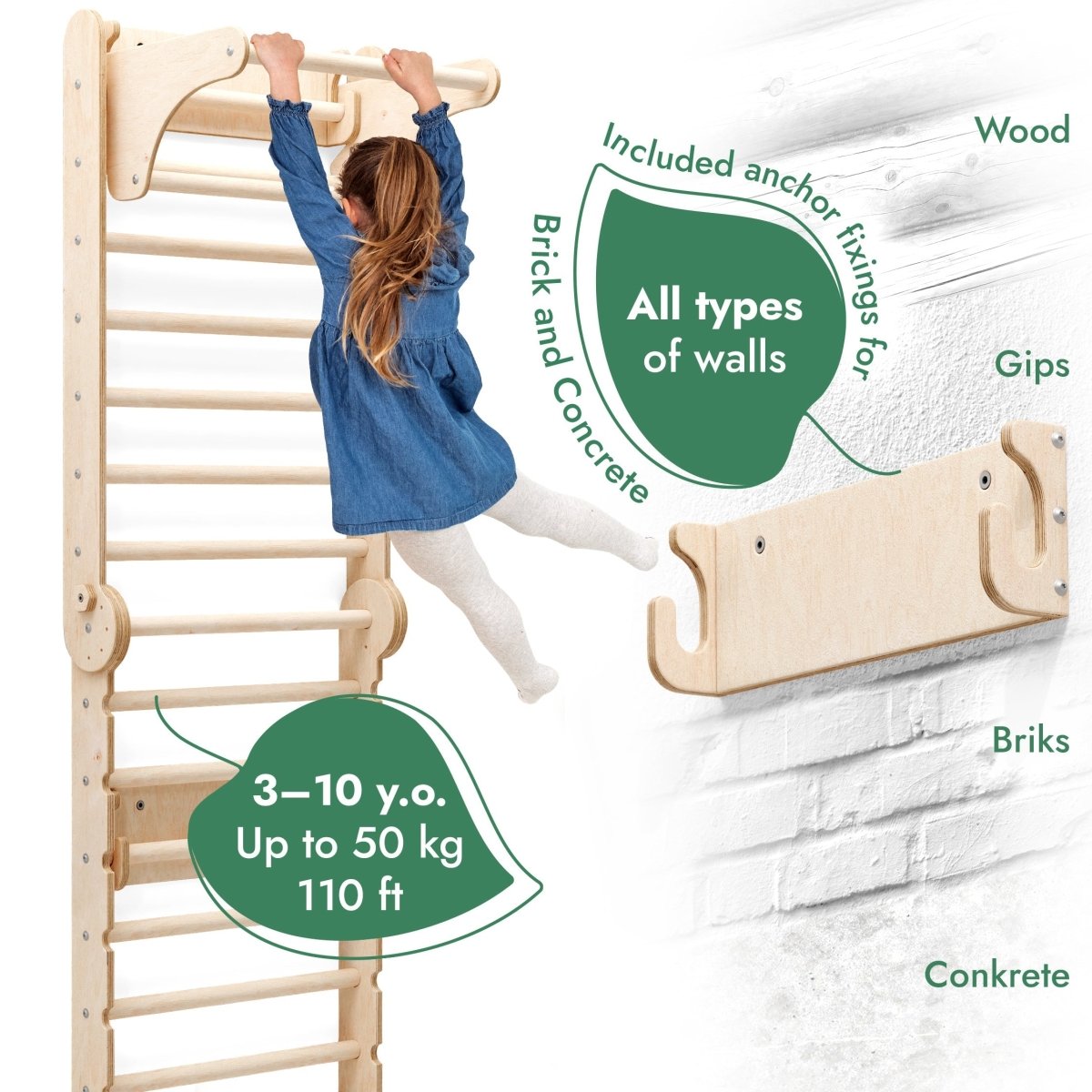 6-in-1 Wooden Swedish Wall Climbing Set with Swing and Slide