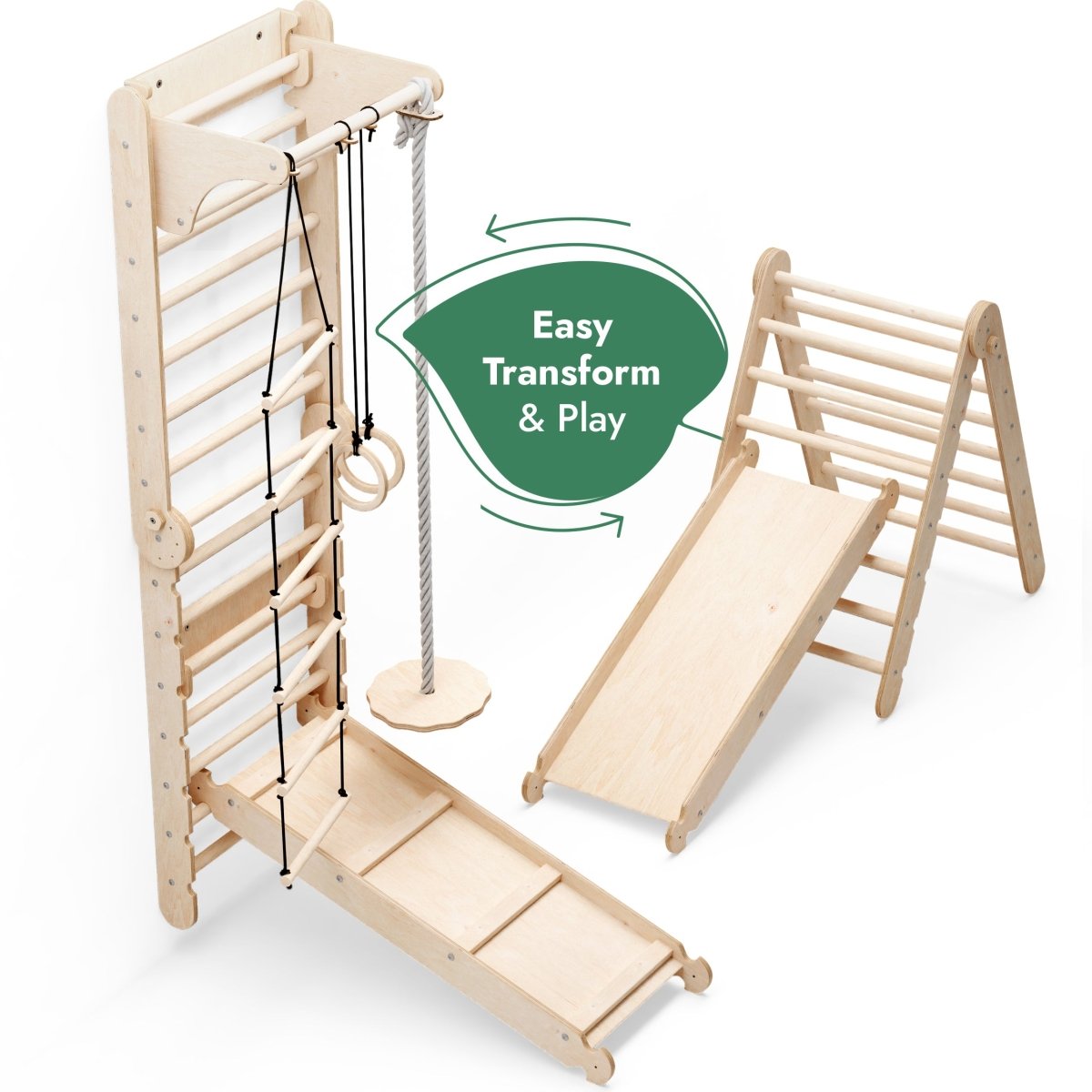 6-in-1 Wooden Swedish Wall Climbing Set with Swing and Slide