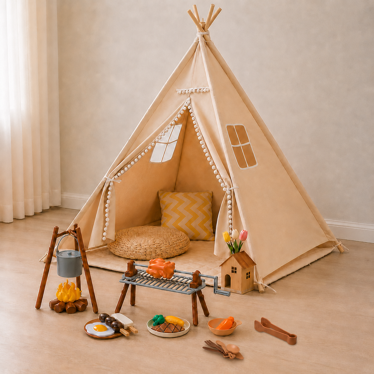 60-Inch Kids Teepee Tent with BBQ Play Set