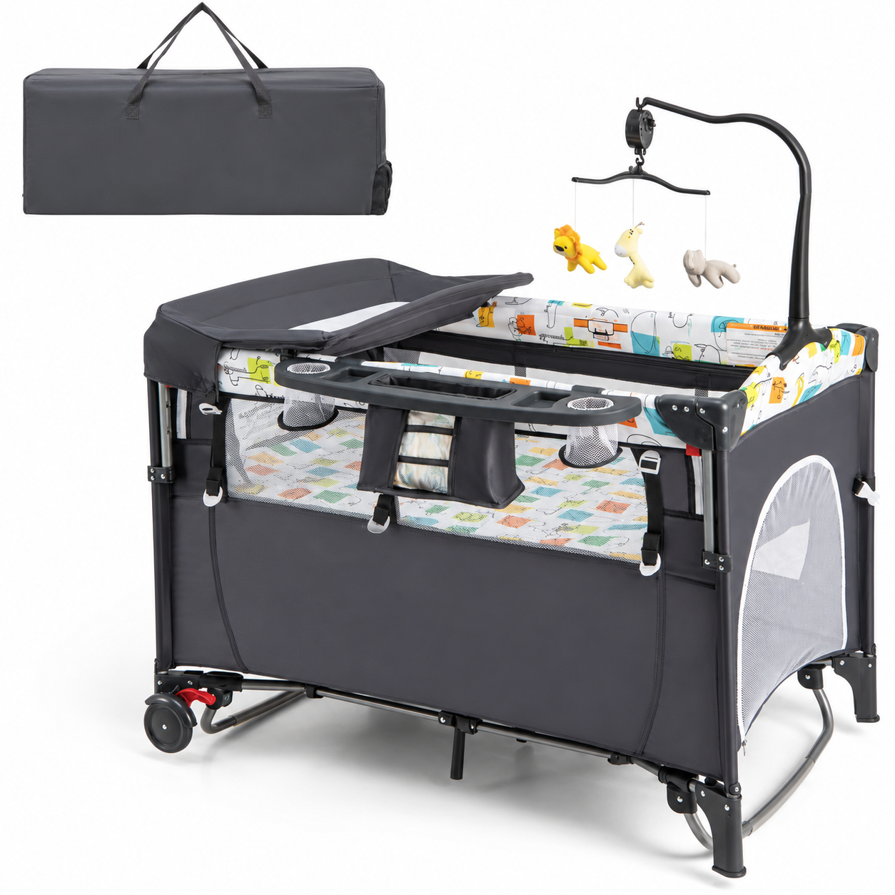 Foldable Baby Playpen & Bedside Bassinet with Changing Table | Grey