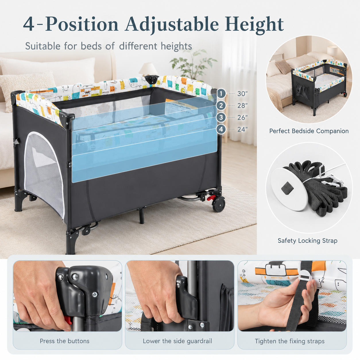 Foldable Baby Playpen & Bedside Bassinet with Changing Table | Grey