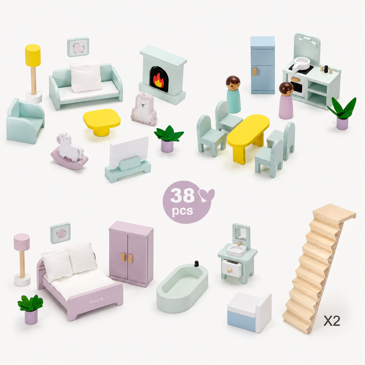 Wooden 3-Story Dollhouse | 38-Piece Furniture Set