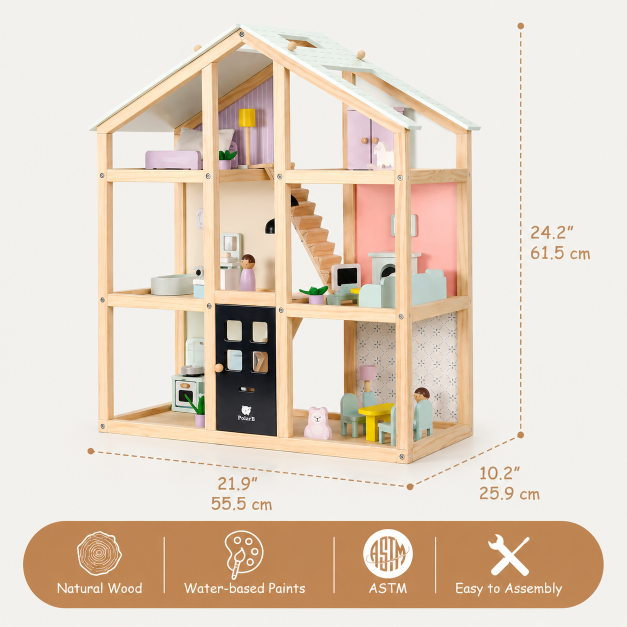 Wooden 3-Story Dollhouse | 38-Piece Furniture Set
