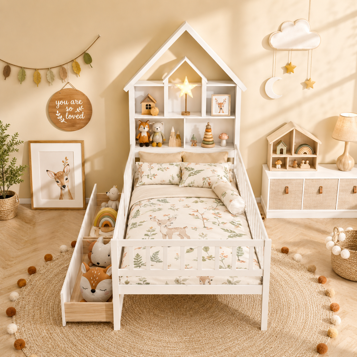 Twin House Bed with Storage Headboard | White Kids Bed