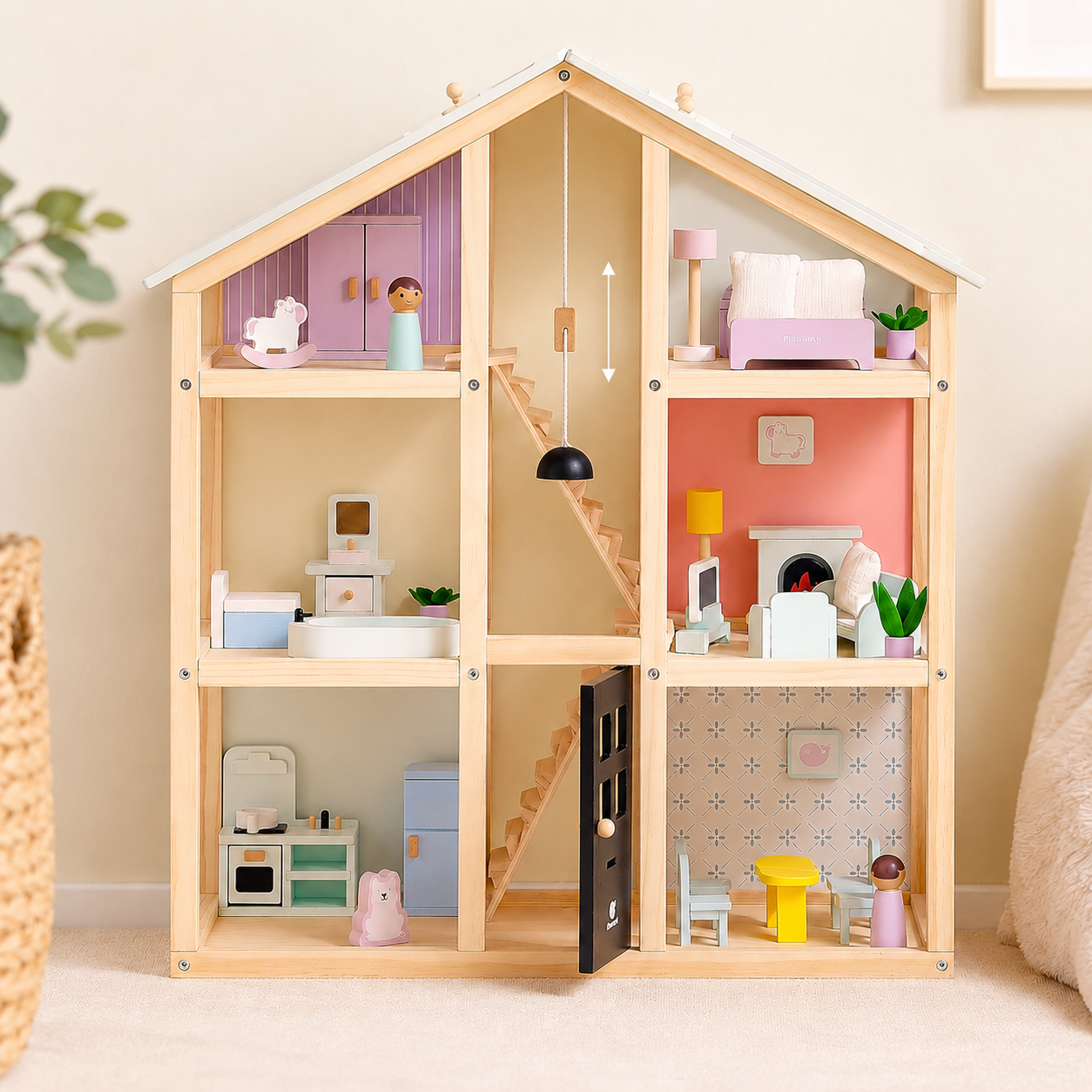 Wooden 3-Story Dollhouse | 38-Piece Furniture Set