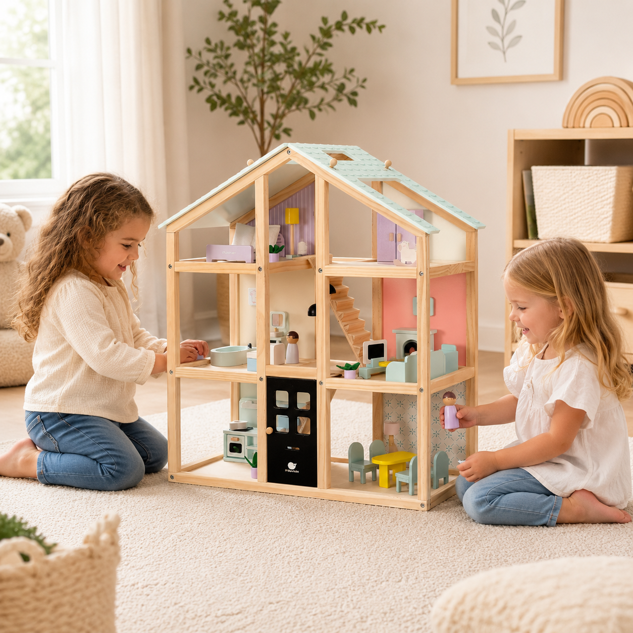 Wooden 3-Story Dollhouse | 38-Piece Furniture Set