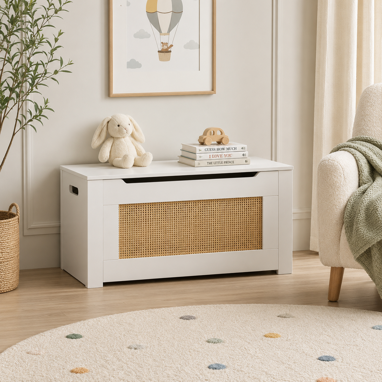 Kids Rattan Toy Storage Bench | White
