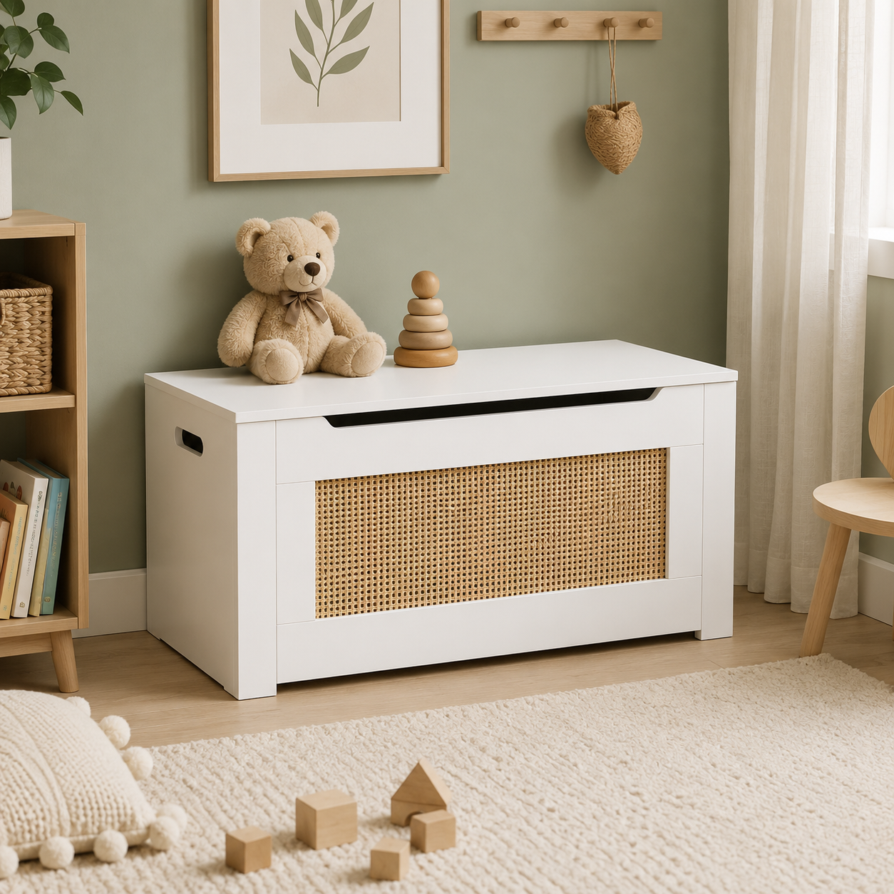 Kids Rattan Toy Storage Bench | White