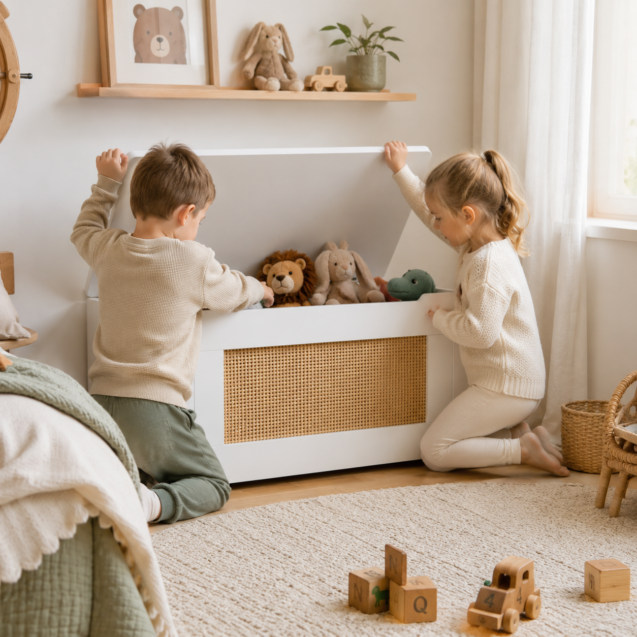 Kids Rattan Toy Storage Bench | White