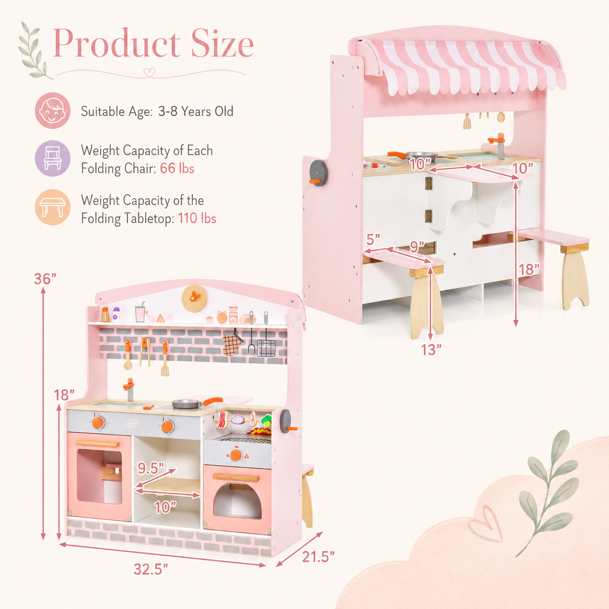 Double-Sided Kids Play Kitchen | Canopy & 2 Seats