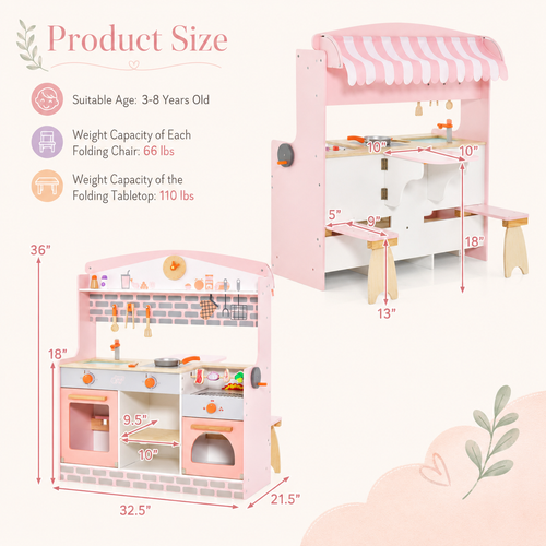Double-Sided Kids Play Kitchen | Canopy & 2 Seats