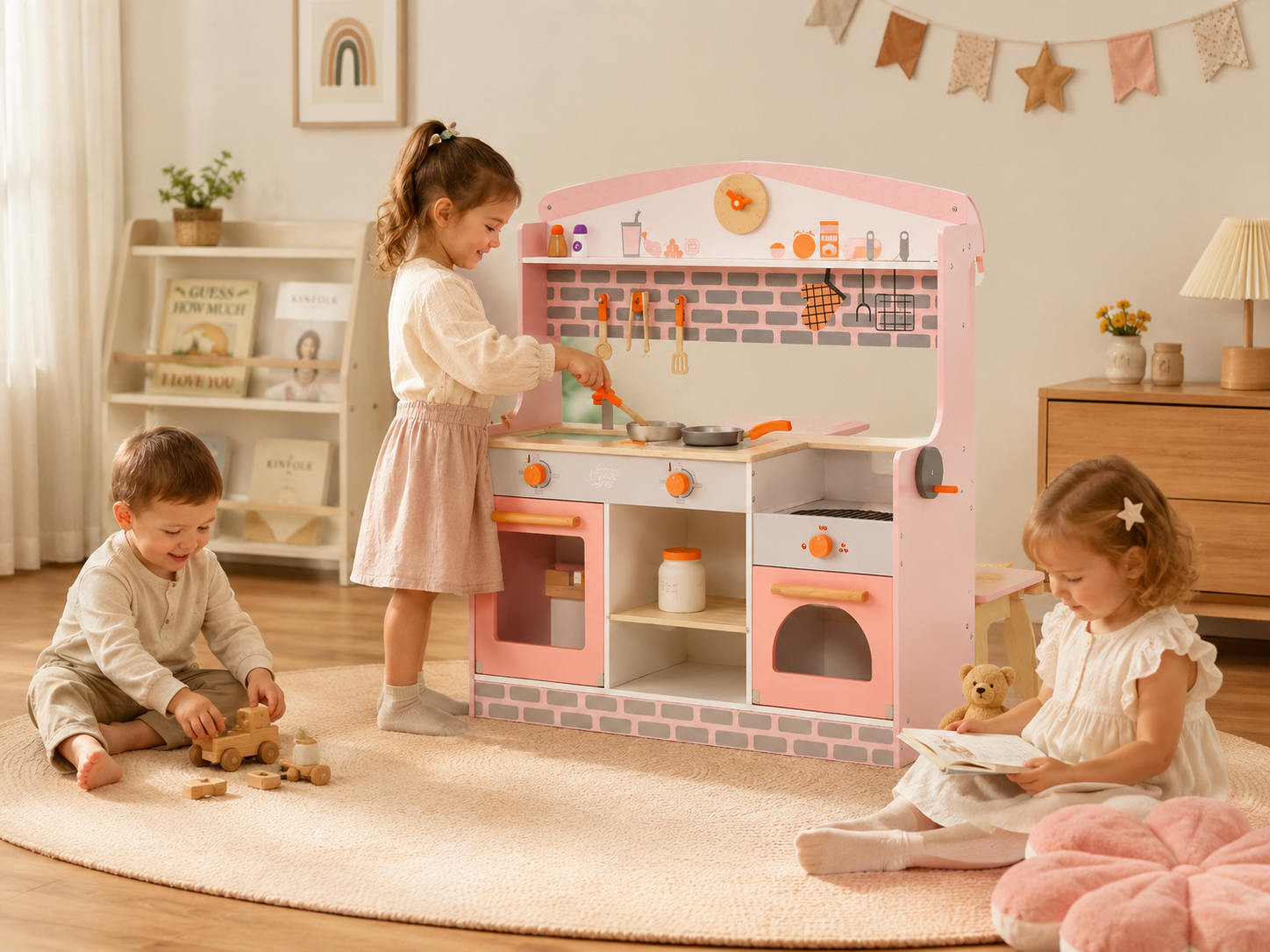 Double-Sided Kids Play Kitchen | Canopy & 2 Seats