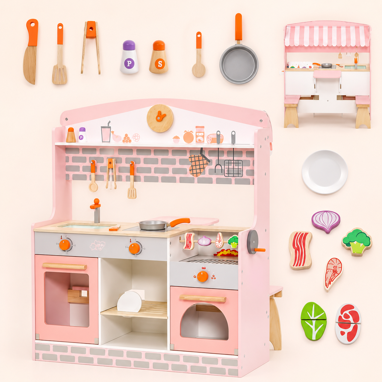 Double-Sided Kids Play Kitchen | Canopy & 2 Seats