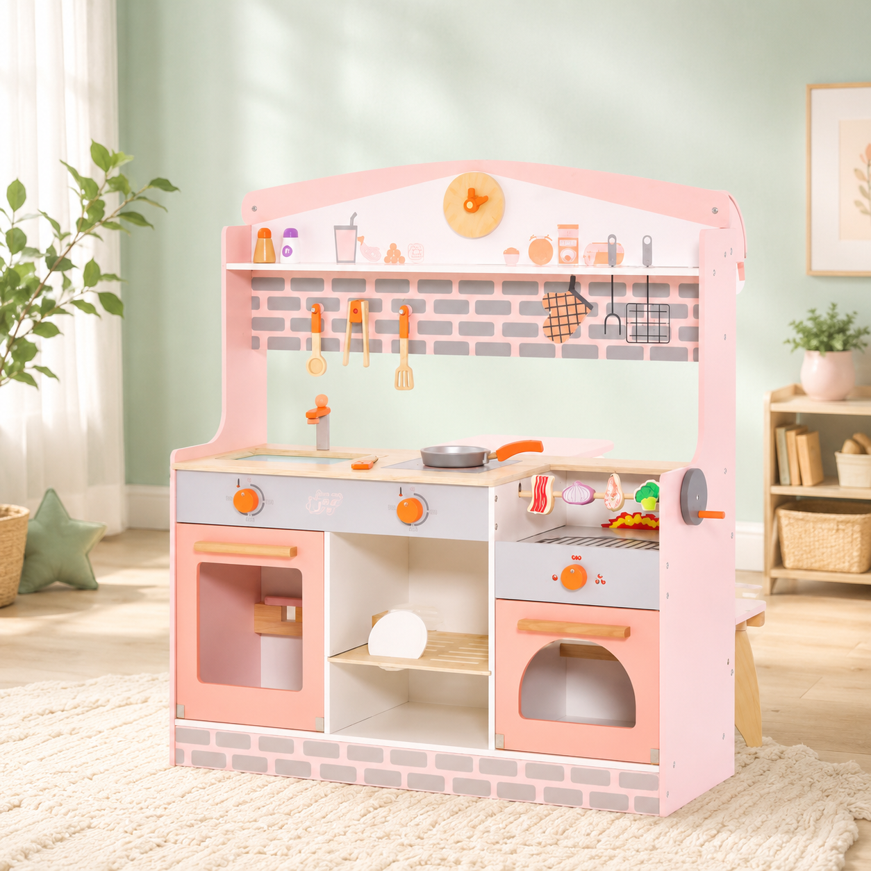 Double-Sided Kids Play Kitchen | Canopy & 2 Seats