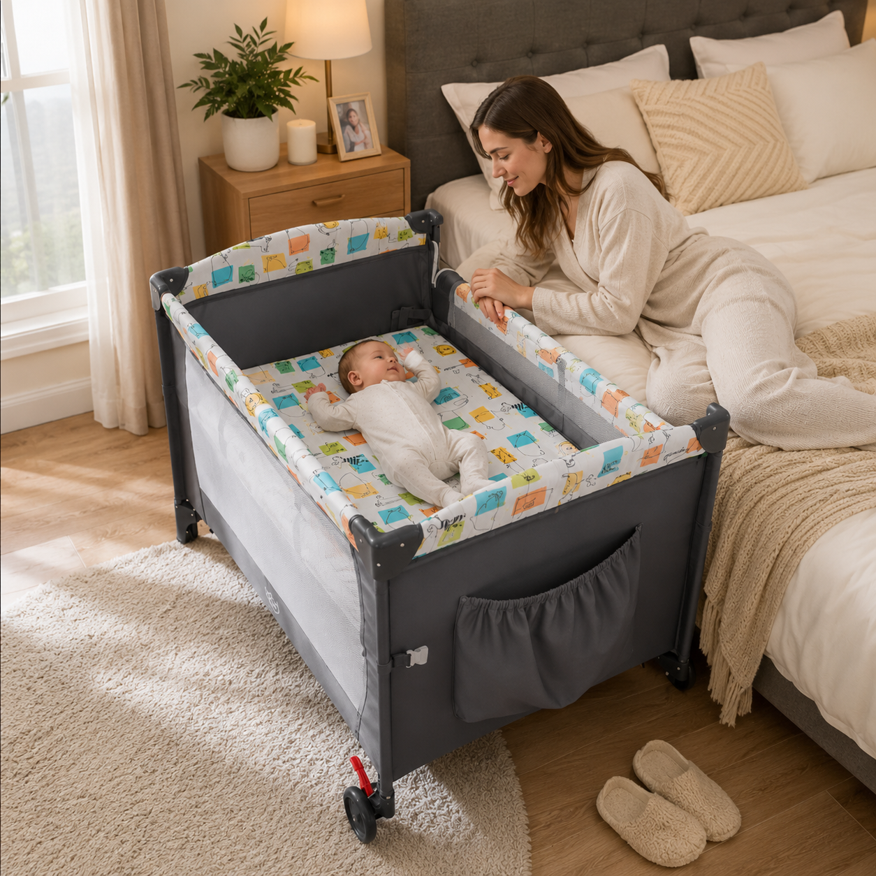 Foldable Baby Playpen & Bedside Bassinet with Changing Table | Grey