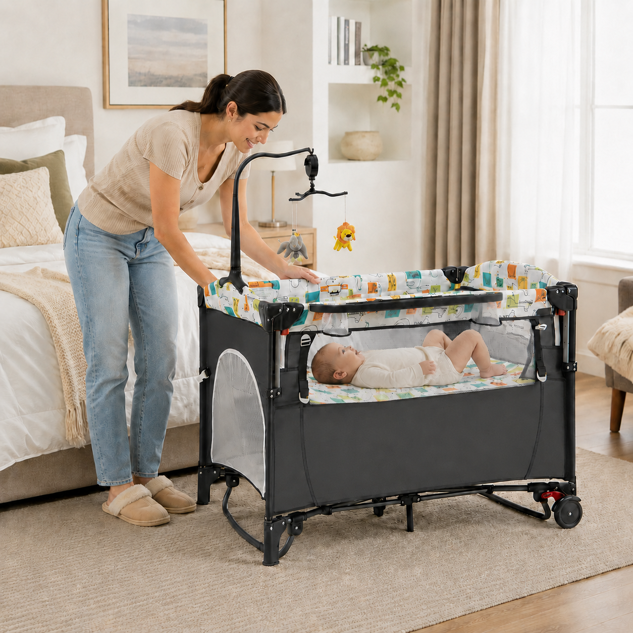 Foldable Baby Playpen & Bedside Bassinet with Changing Table | Grey