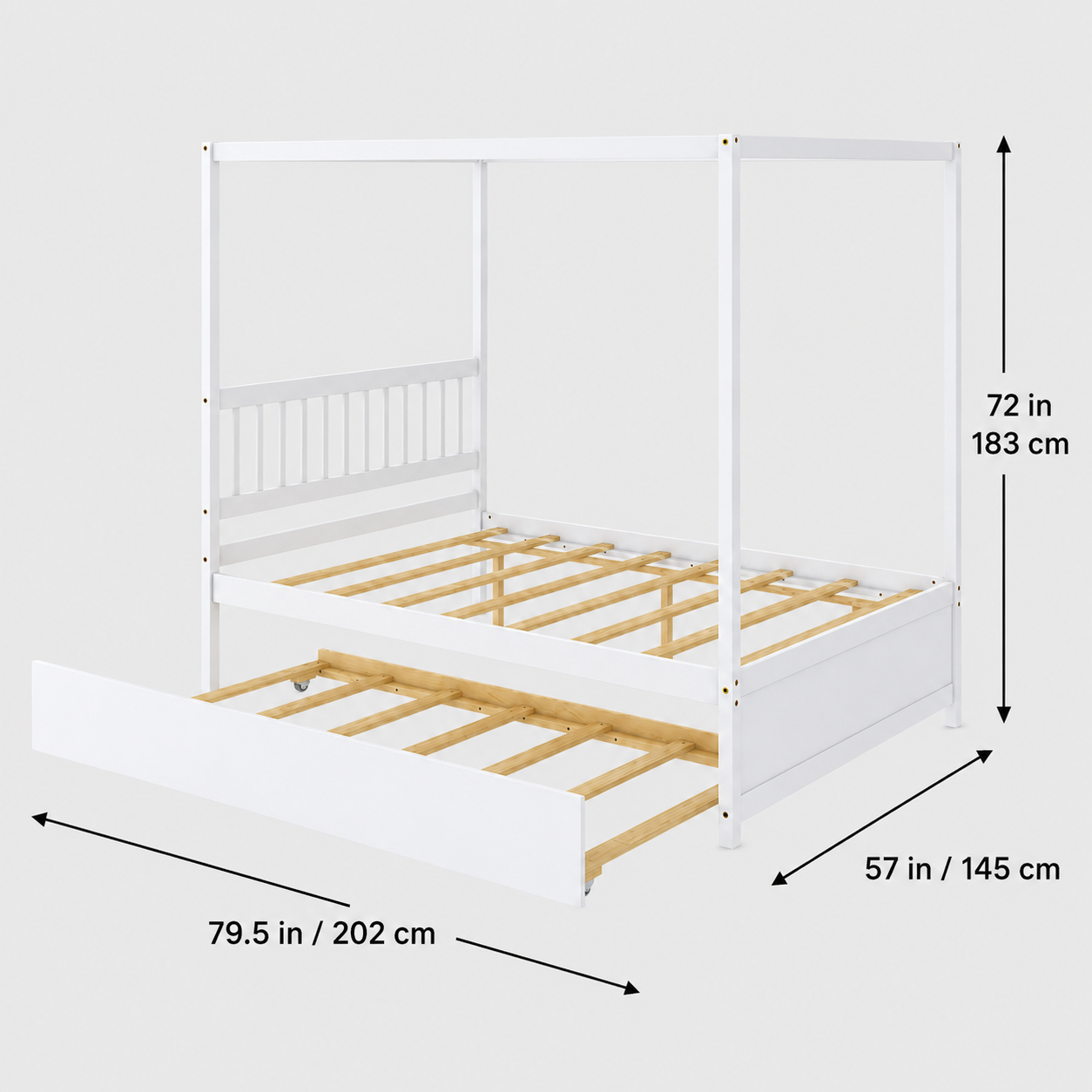 White Full Size Canopy Bed | Twin Trundle