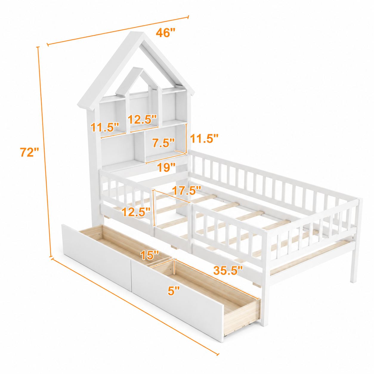 Twin House Bed with Storage Headboard | White Kids Bed