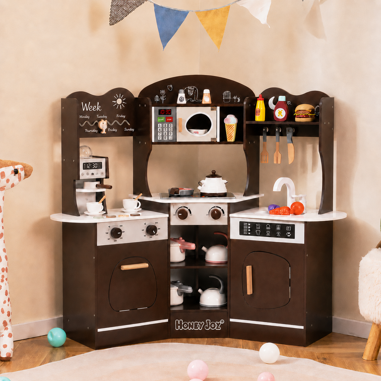 Corner Wooden Play Kitchen | Coffee Machine