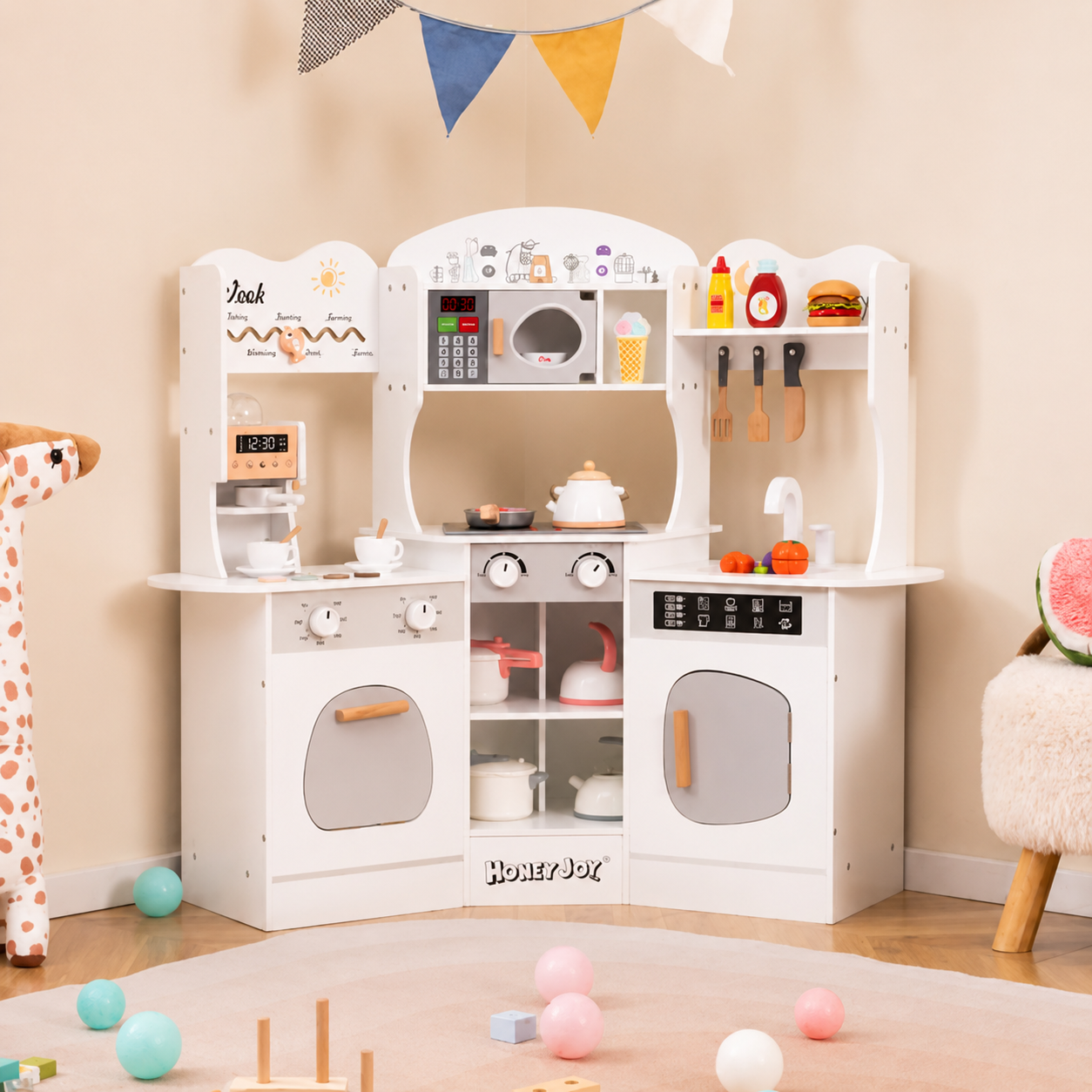 Corner Wooden Play Kitchen | Coffee Machine