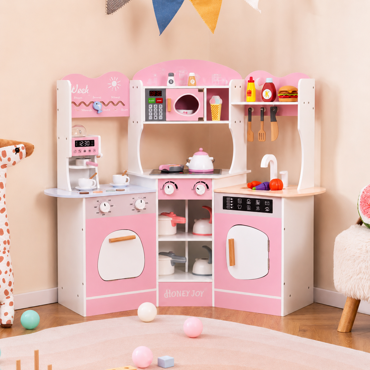 Corner Wooden Play Kitchen | Coffee Machine
