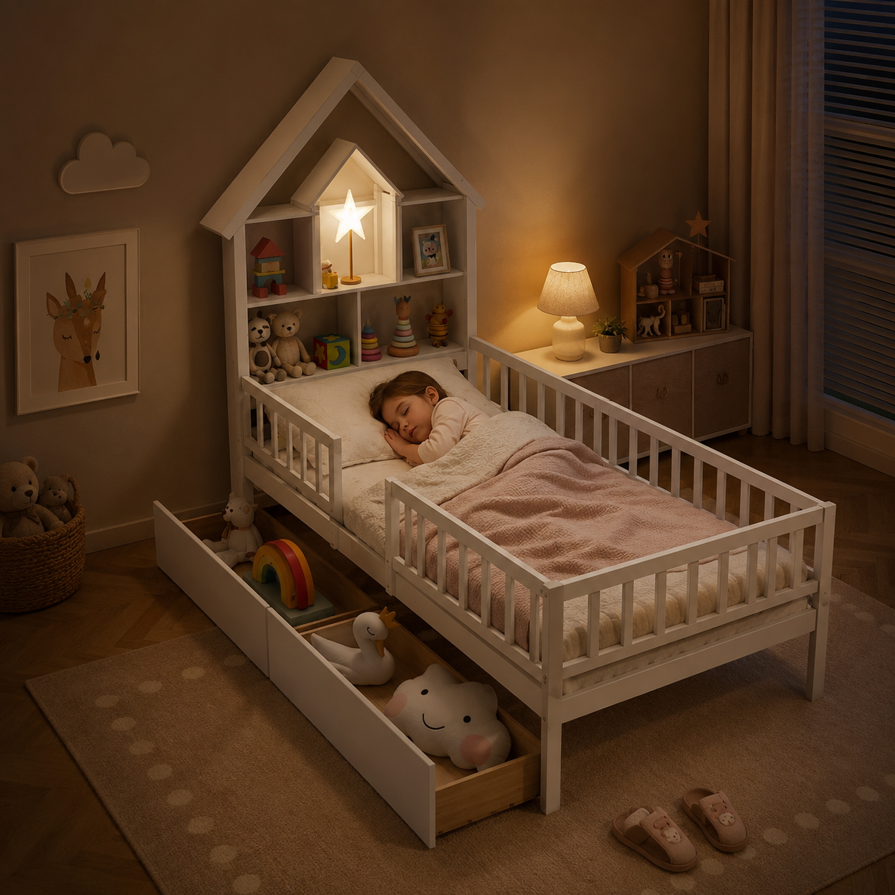 Twin House Bed with Storage Headboard | White Kids Bed