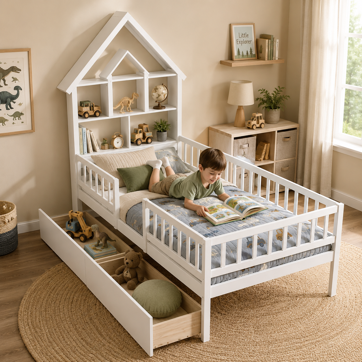 Twin House Bed with Storage Headboard | White Kids Bed