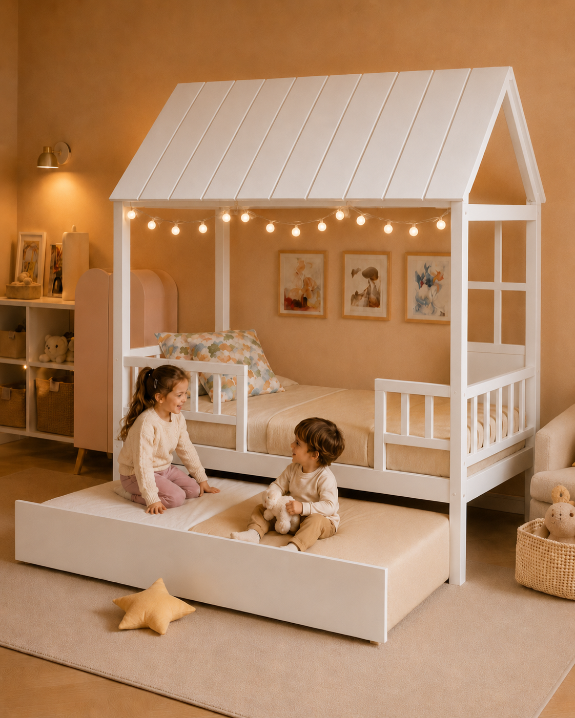 Twin House Bed with Trundle | Montessori-Inspired White Kids Bed