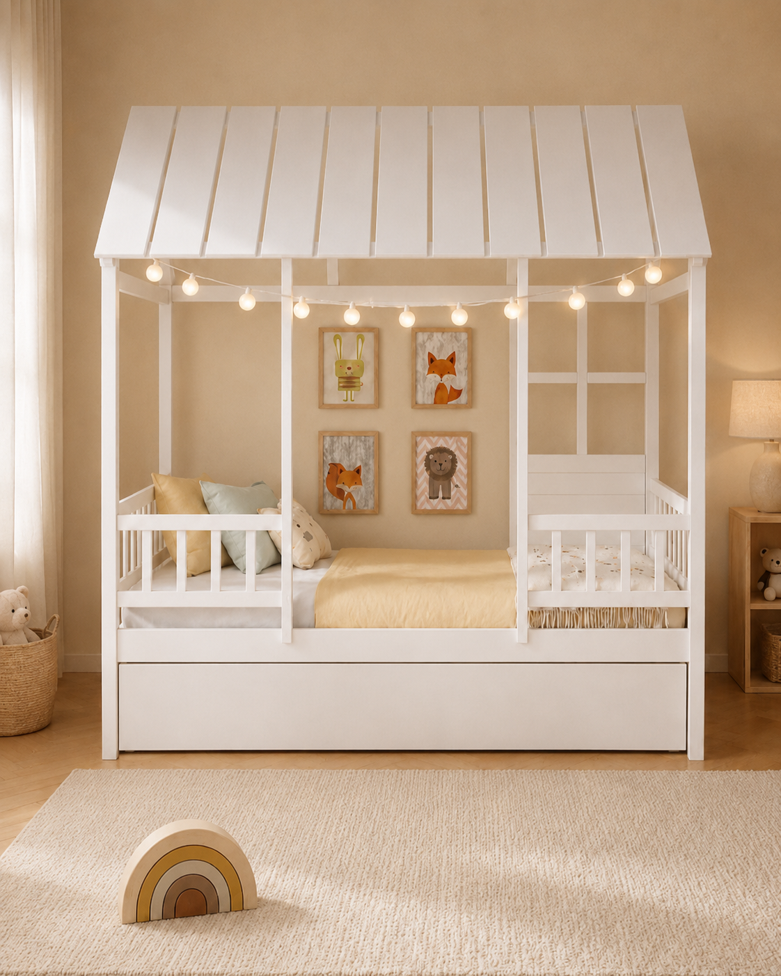 Twin House Bed with Trundle | Montessori-Inspired White Kids Bed