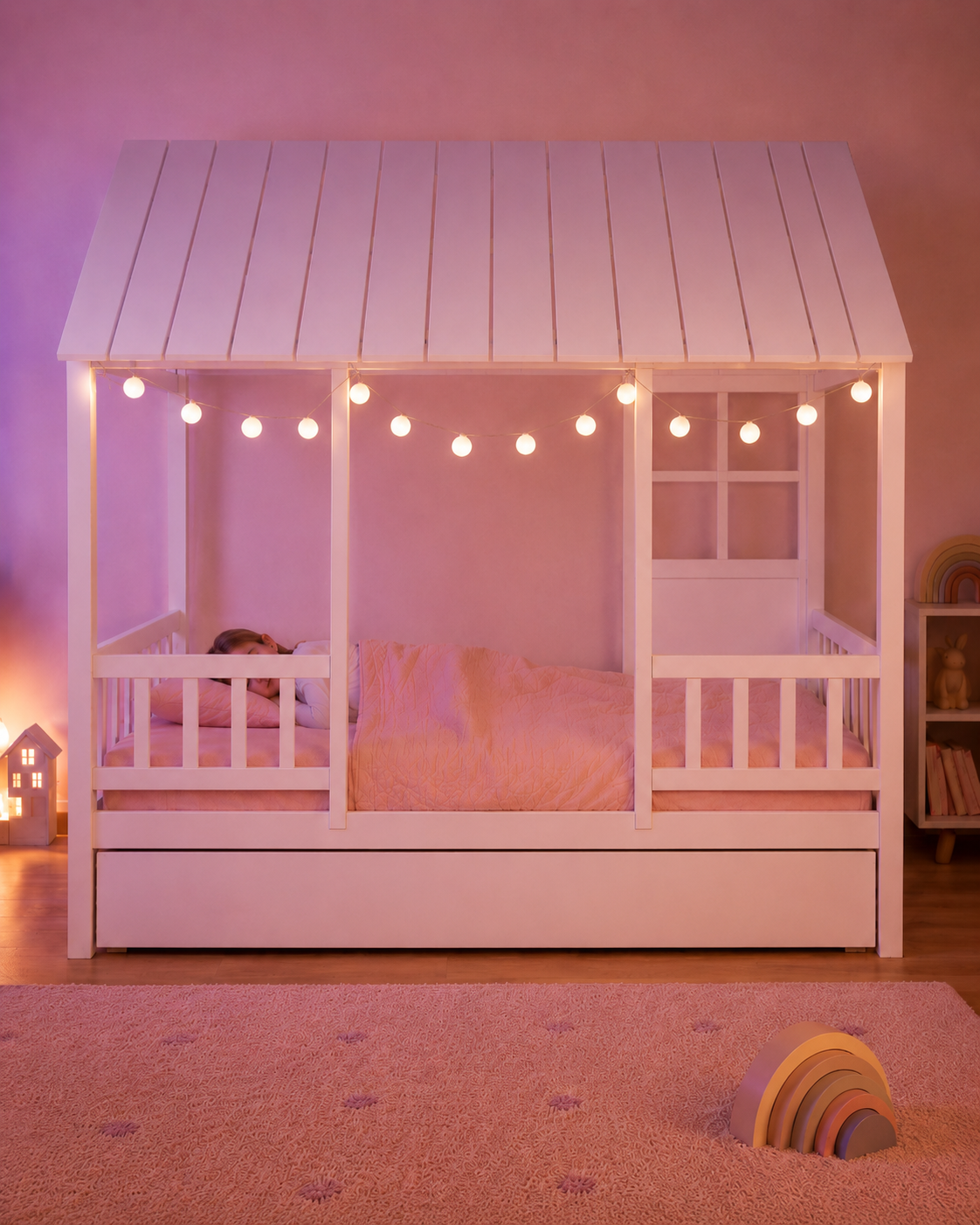 Twin House Bed with Trundle | Montessori-Inspired White Kids Bed