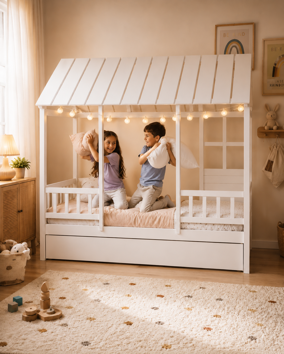Twin House Bed with Trundle | Montessori-Inspired White Kids Bed