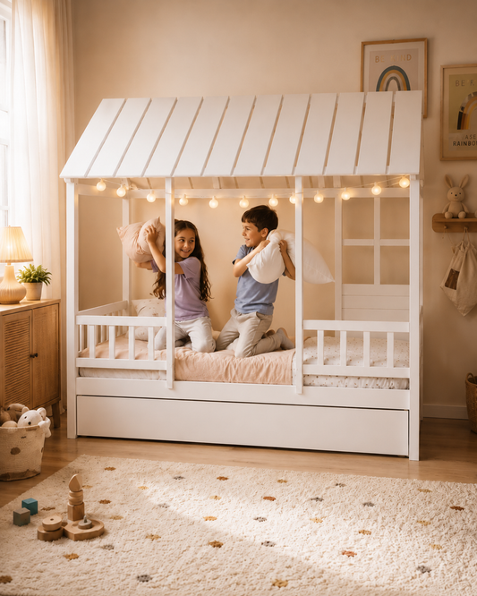 Twin House Bed with Trundle | White Kids Bed