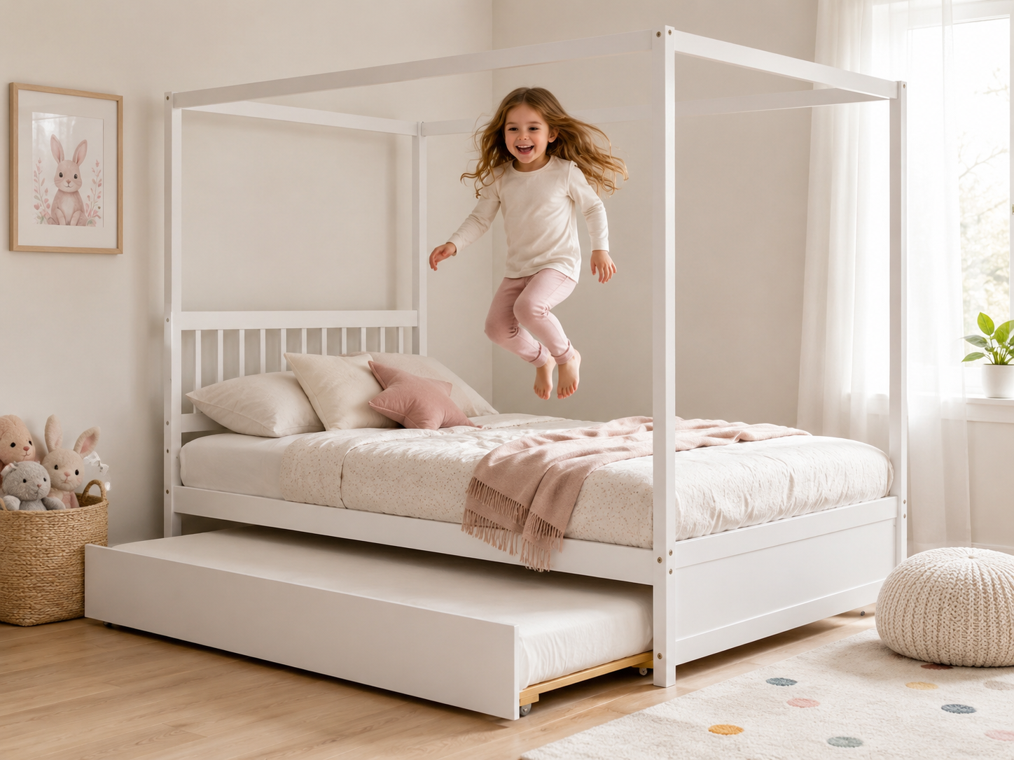 White Full Size Canopy Bed | Twin Trundle
