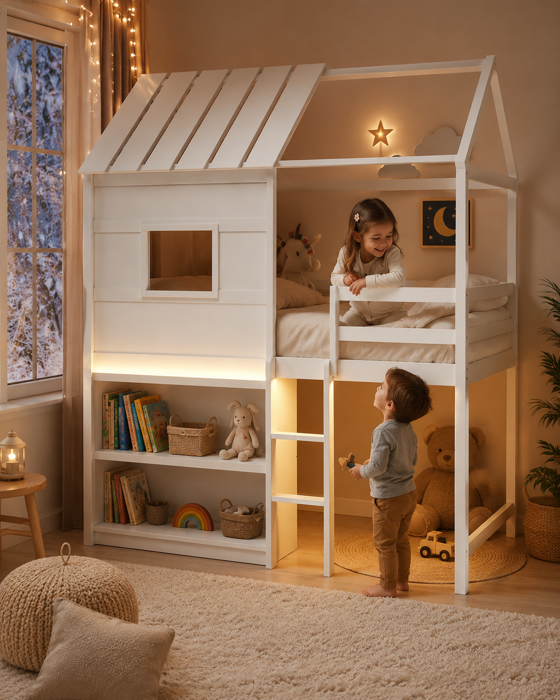 Twin Loft Bed with LED Light & Bookshelf | White House Bed