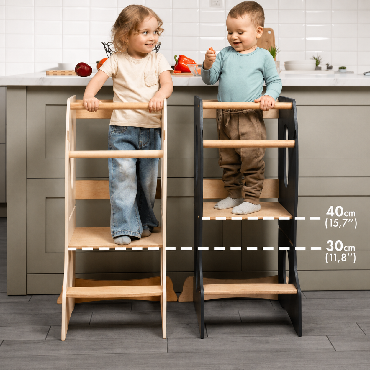 Montessori Learning Tower | Grey Wooden Helper for Kids