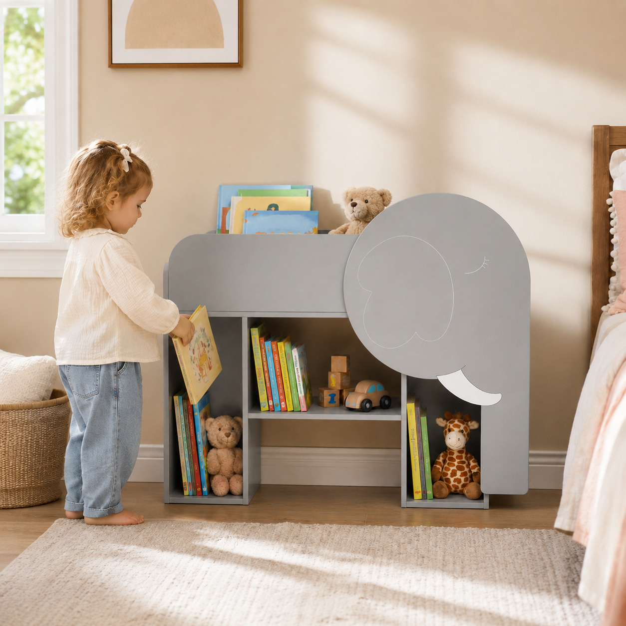 Elephant Kids Bookshelf | Grey Toy Organizer