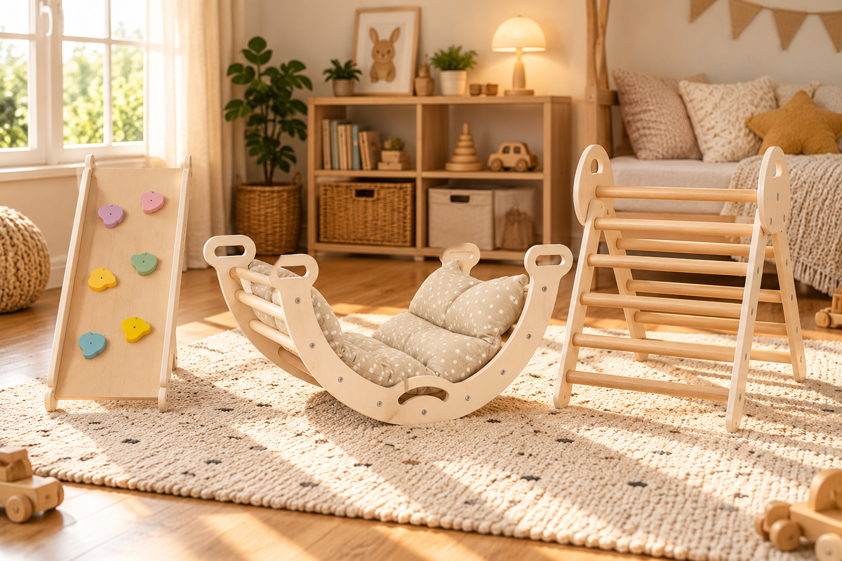 4-in-1 Montessori Climbing Set with Cushion – Pikler Triangle, Arch & Slide