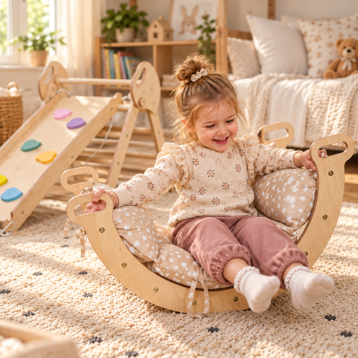 4-in-1 Montessori Climbing Set with Cushion – Pikler Triangle, Arch & Slide