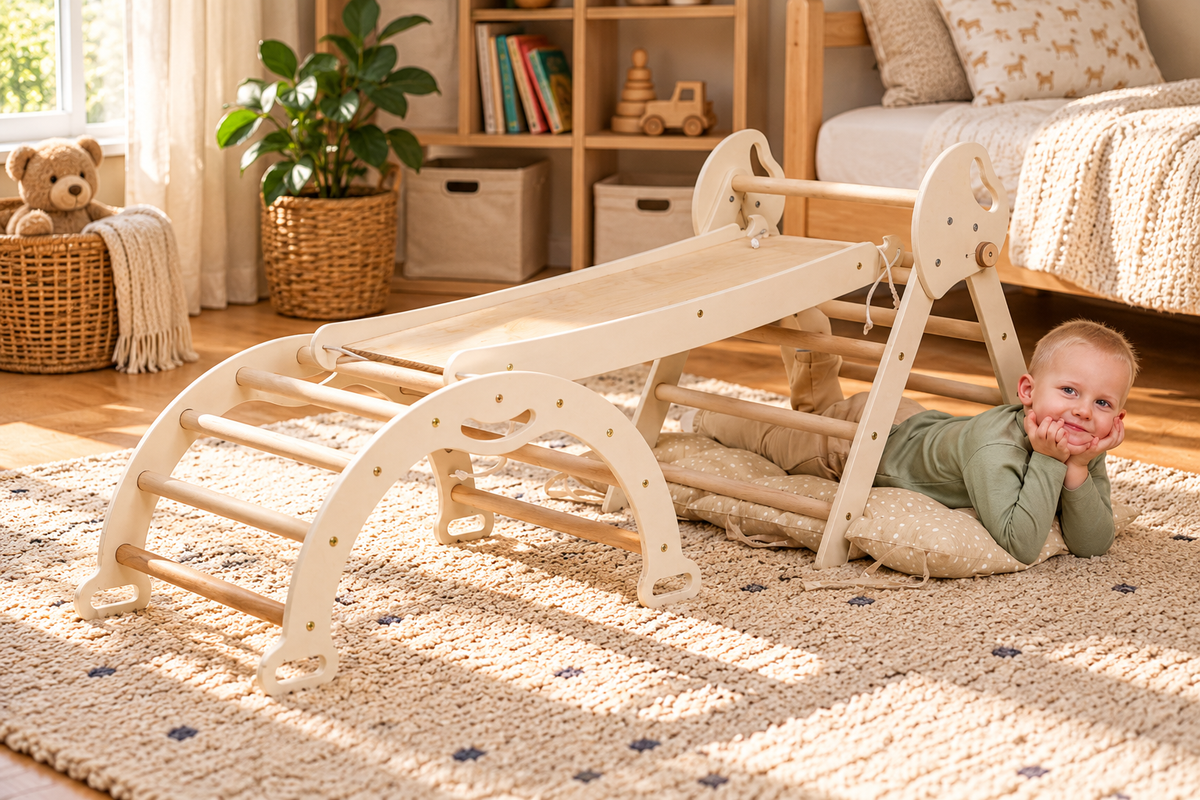 4-in-1 Montessori Climbing Set with Cushion – Pikler Triangle, Arch & Slide