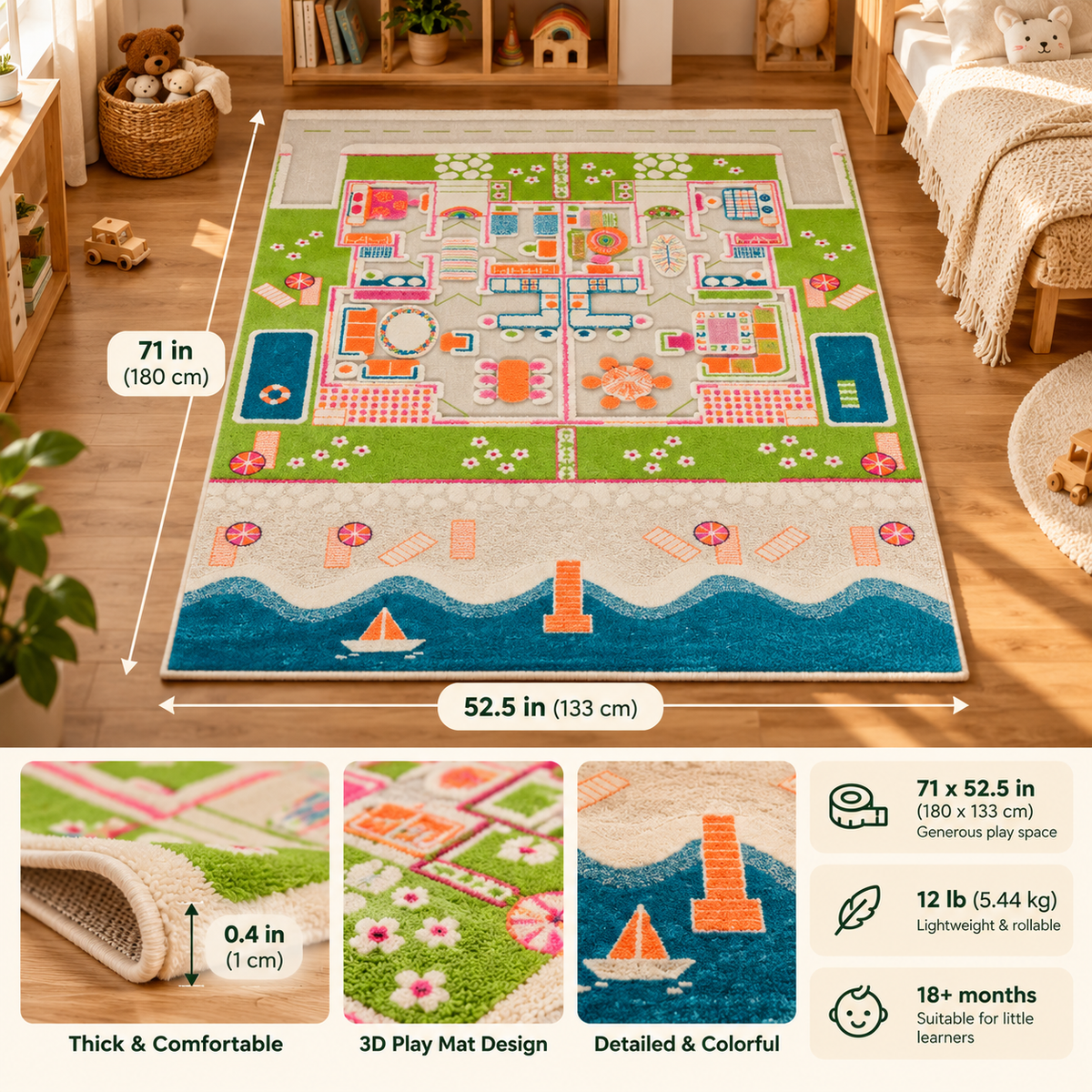 71 × 52.5-Inch Educational Play Rug for Kids