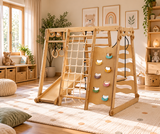 6-in-1 Indoor Wooden Climbing Gym for Kids with Swing & Slide