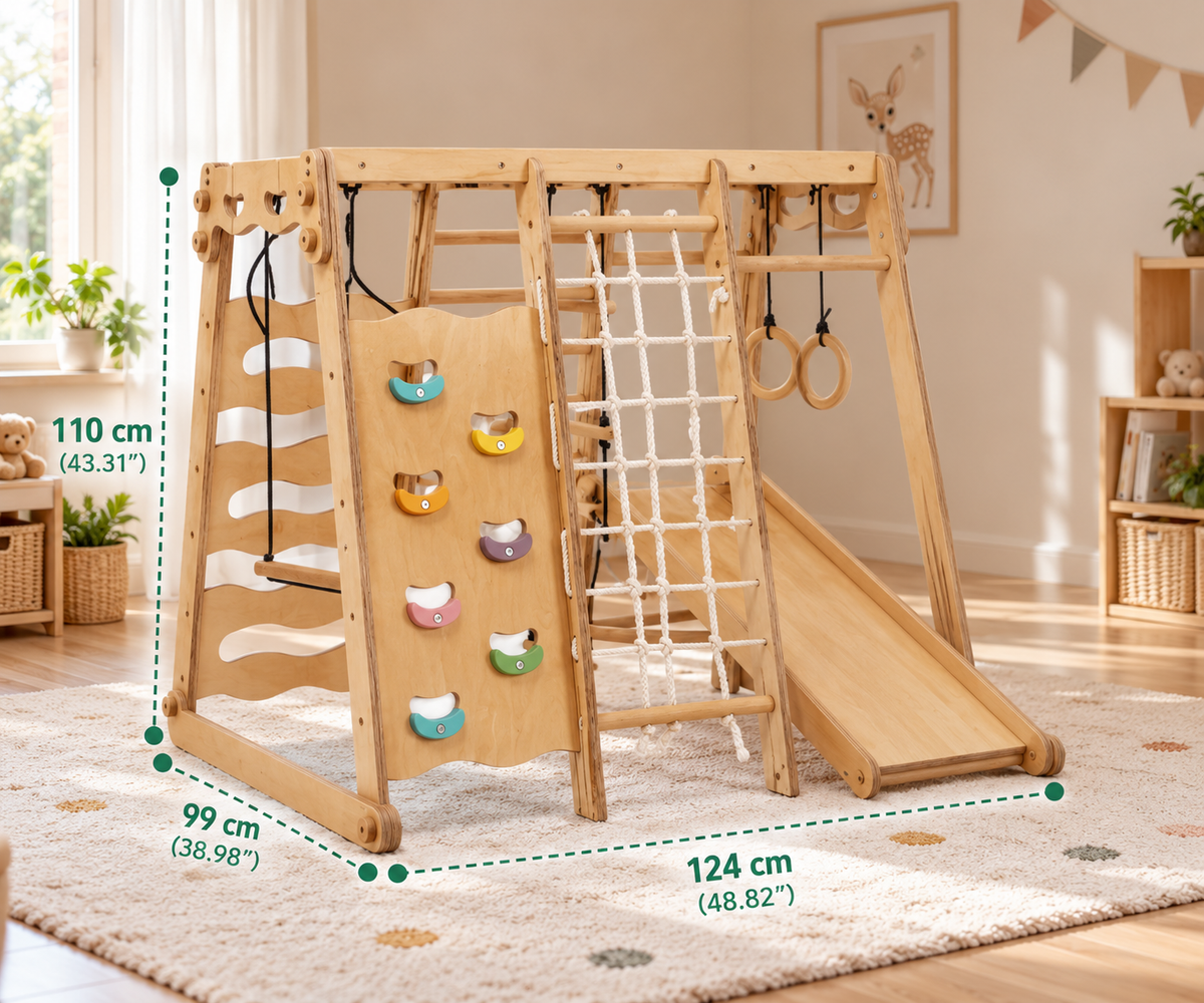 6-in-1 Indoor Wooden Climbing Gym for Kids with Swing & Slide