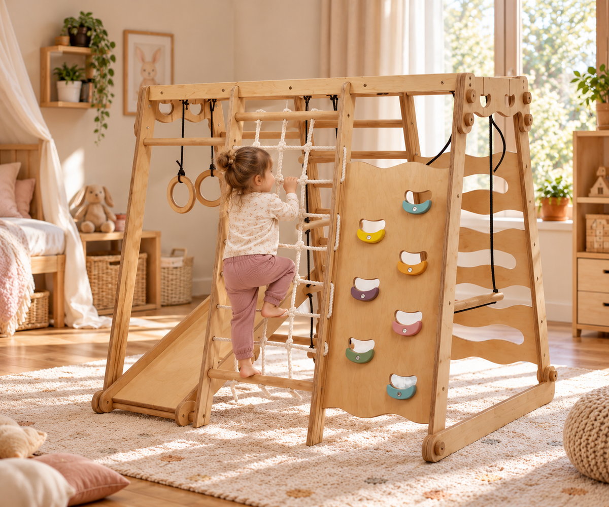 6-in-1 Indoor Wooden Climbing Gym for Kids with Swing & Slide