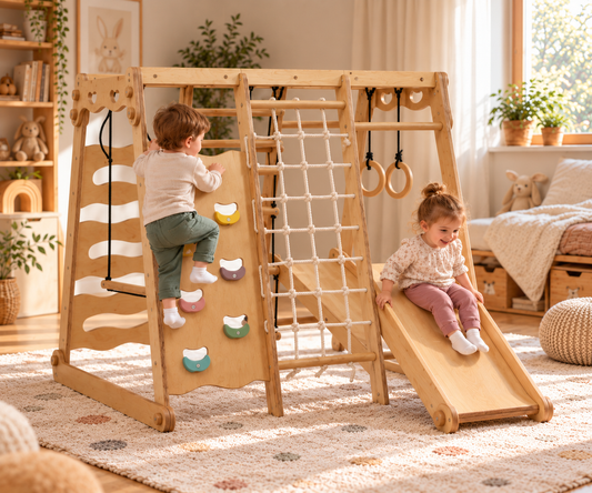 6-in-1 Indoor Wooden Climbing Gym for Kids with Swing & Slide