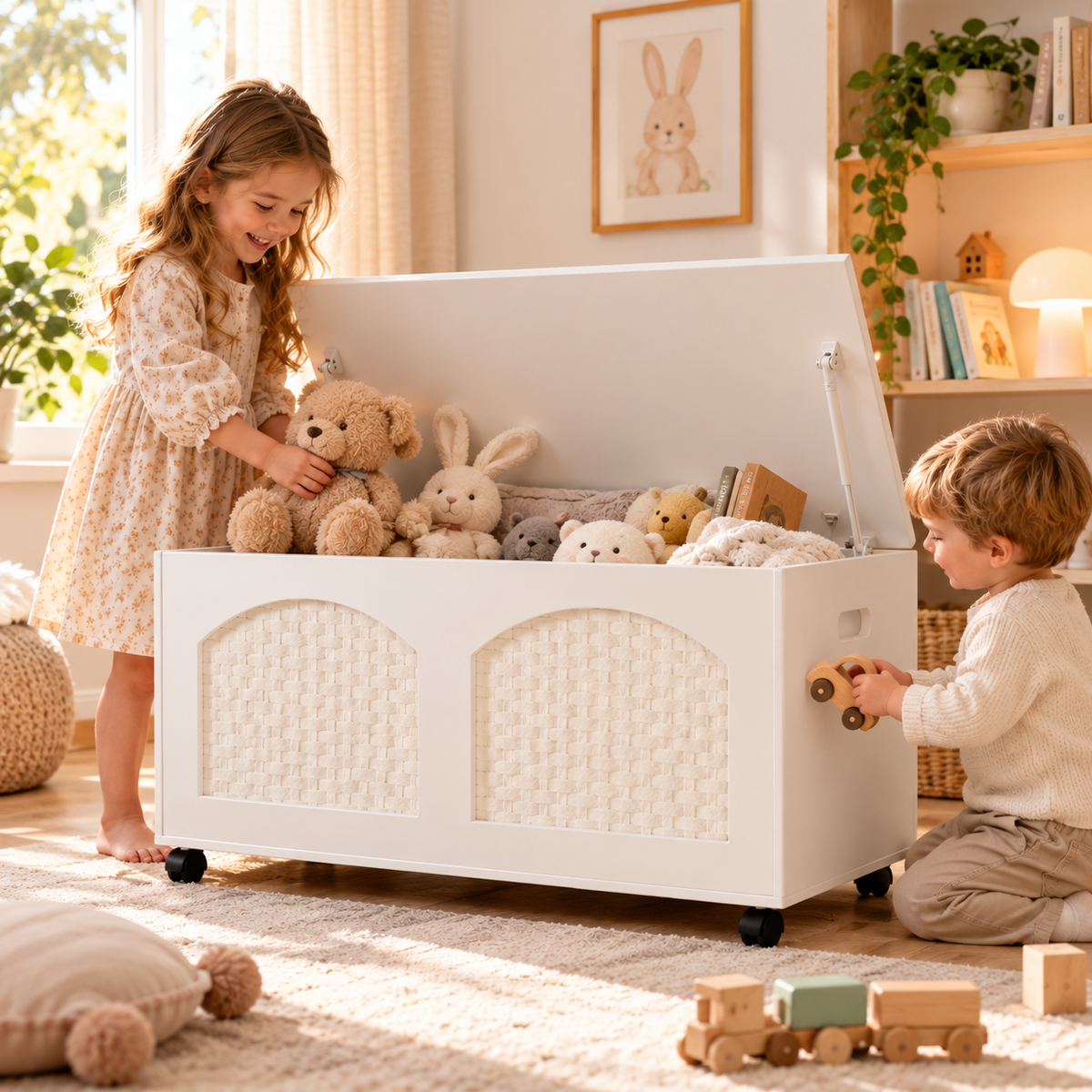 White Wooden Storage Bench with Wheels