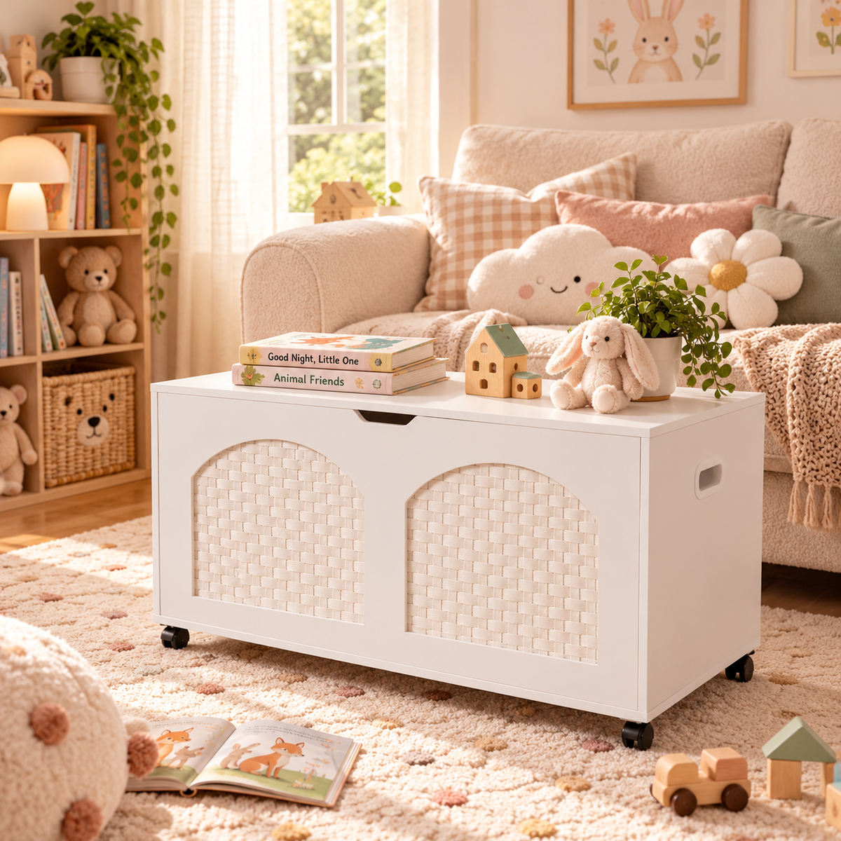 White Wooden Storage Bench with Wheels